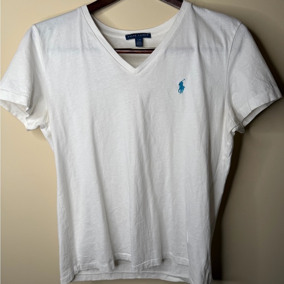 Vintage Ralph Lauren White V-Neck Tee with Blue Logo - Picture 2 of 7